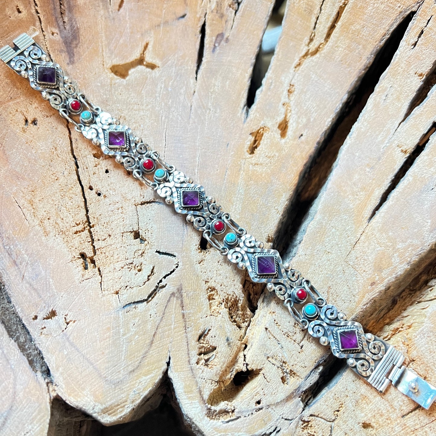 7.5inch 925 silver bracelet with rectangular elements encased with amethyst turquoise coral