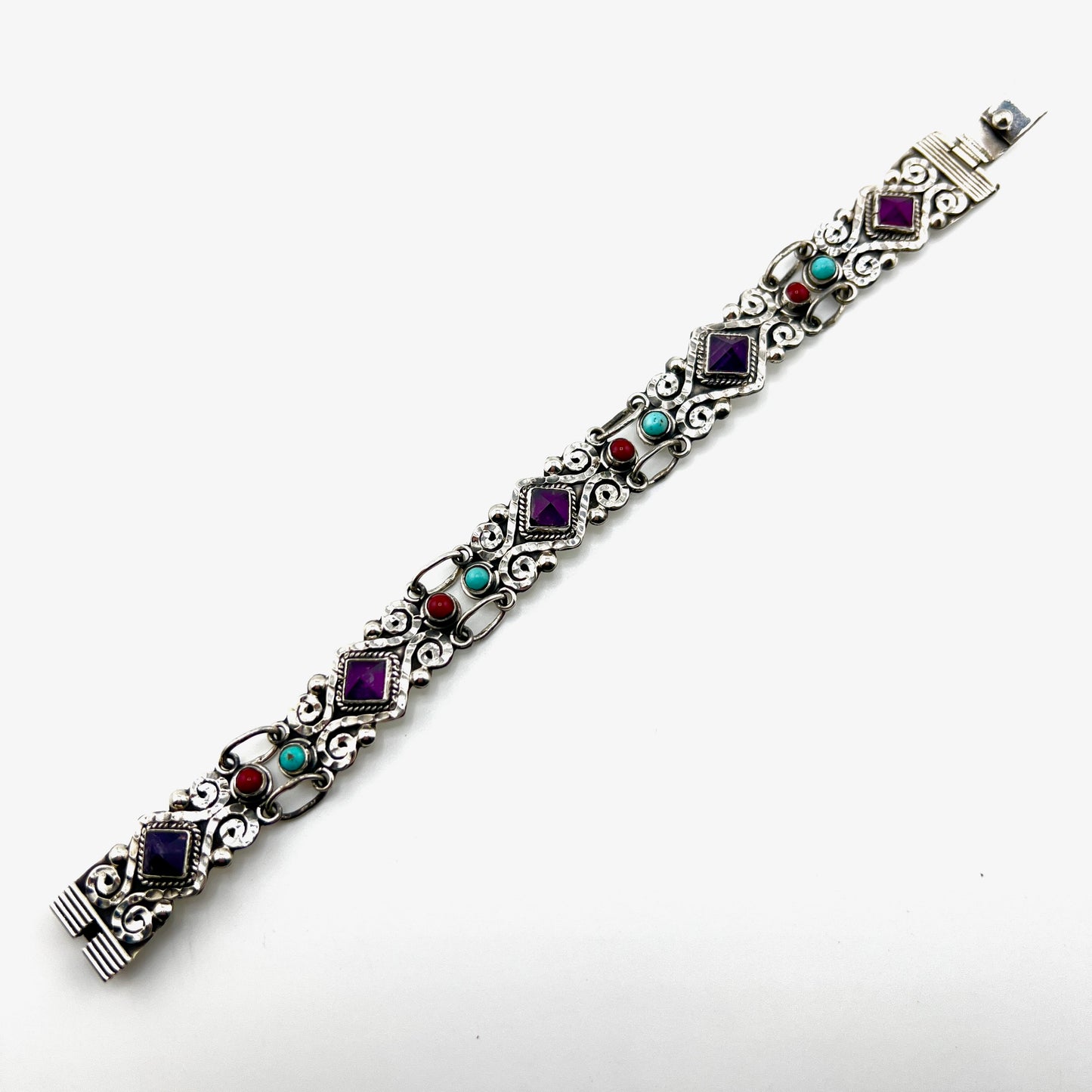 7.5inch 925 silver bracelet with rectangular elements encased with amethyst turquoise coral