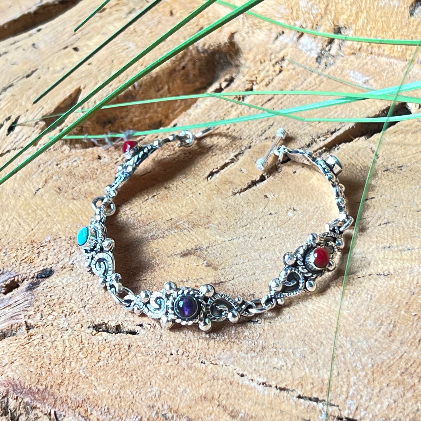 16cm Silver Bracelet with Coral Turquoise Amethyst