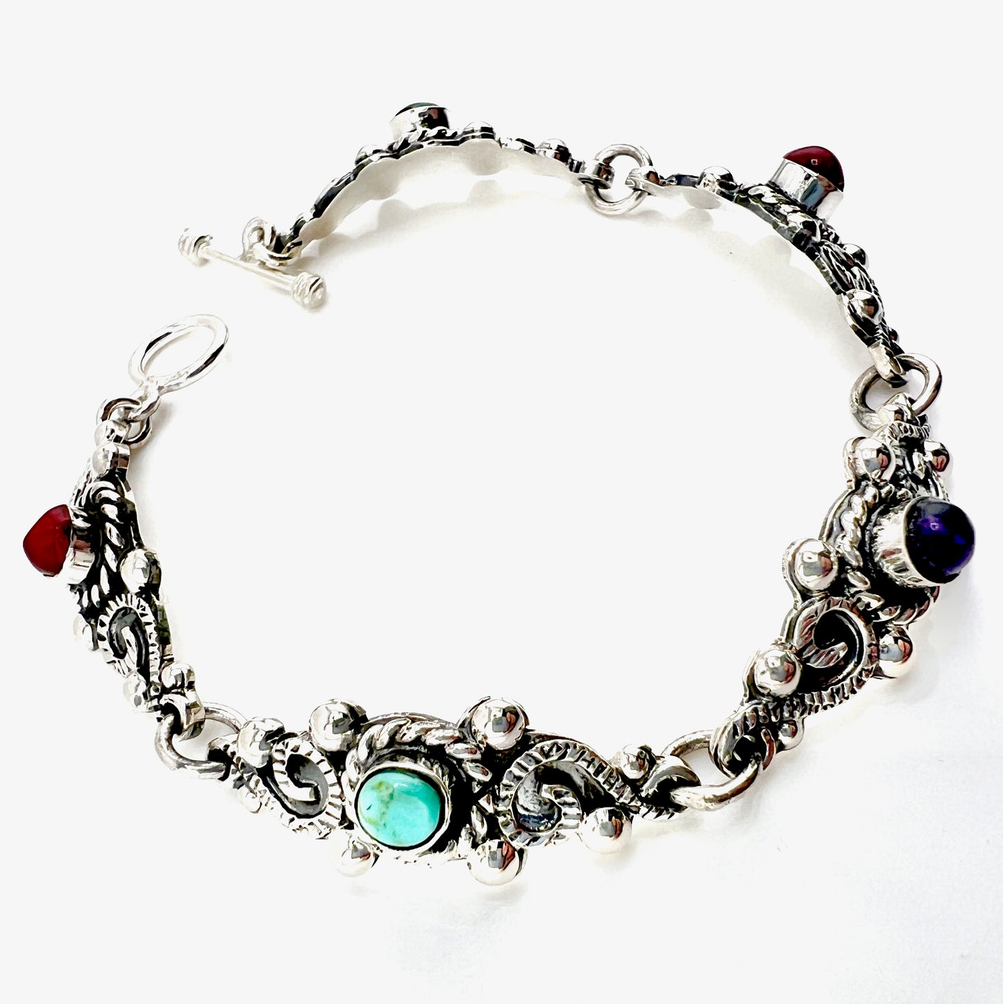 16cm Silver Bracelet with Coral Turquoise Amethyst