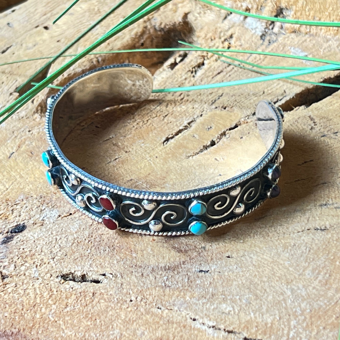 7cm x 1.5cm Silver Bracelet with Graanate Turquoise Amethyst