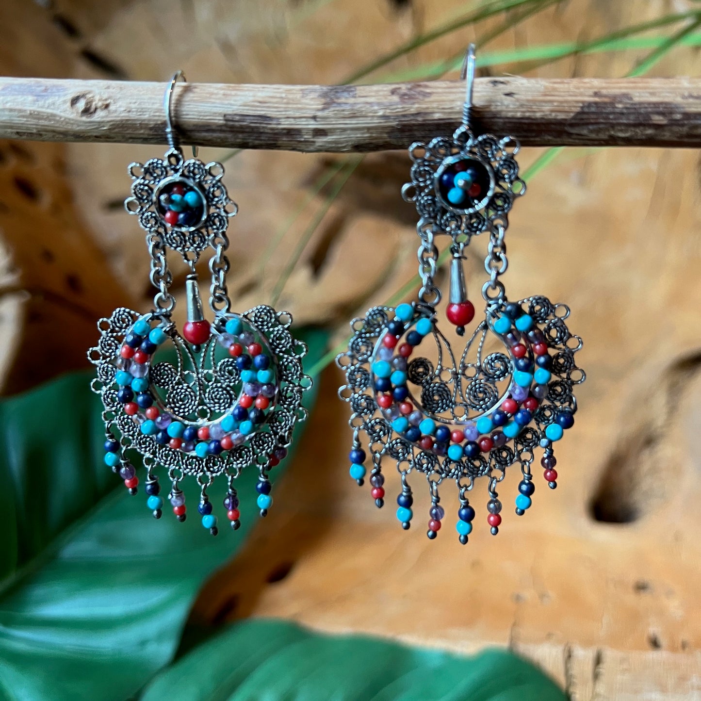 4cm 925 filigree with turquoise Coral Amethyst bead