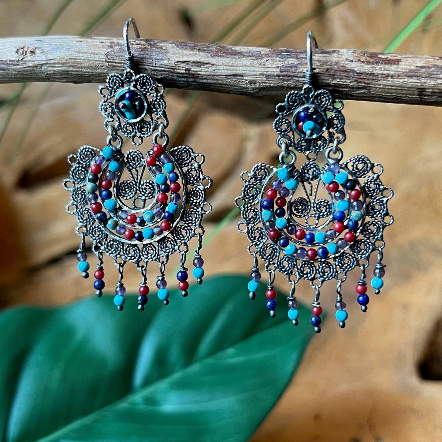 5cm 925 filigree silver earrings with coral turquoise amethyst beads