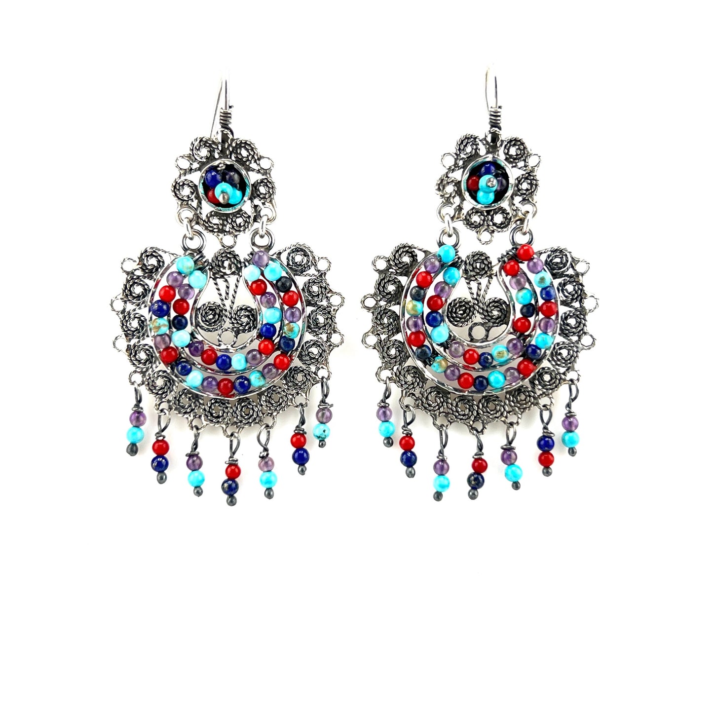 5cm 925 filigree silver earrings with coral turquoise amethyst beads