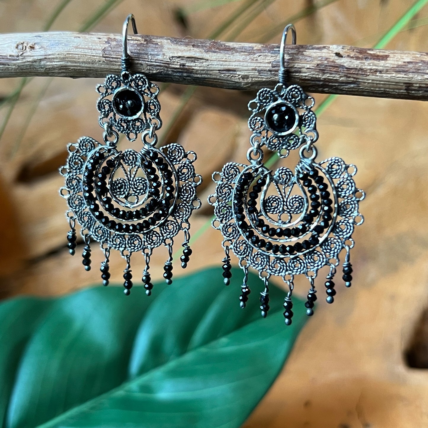 5cm 925 filigree silver earrings with onyx beads