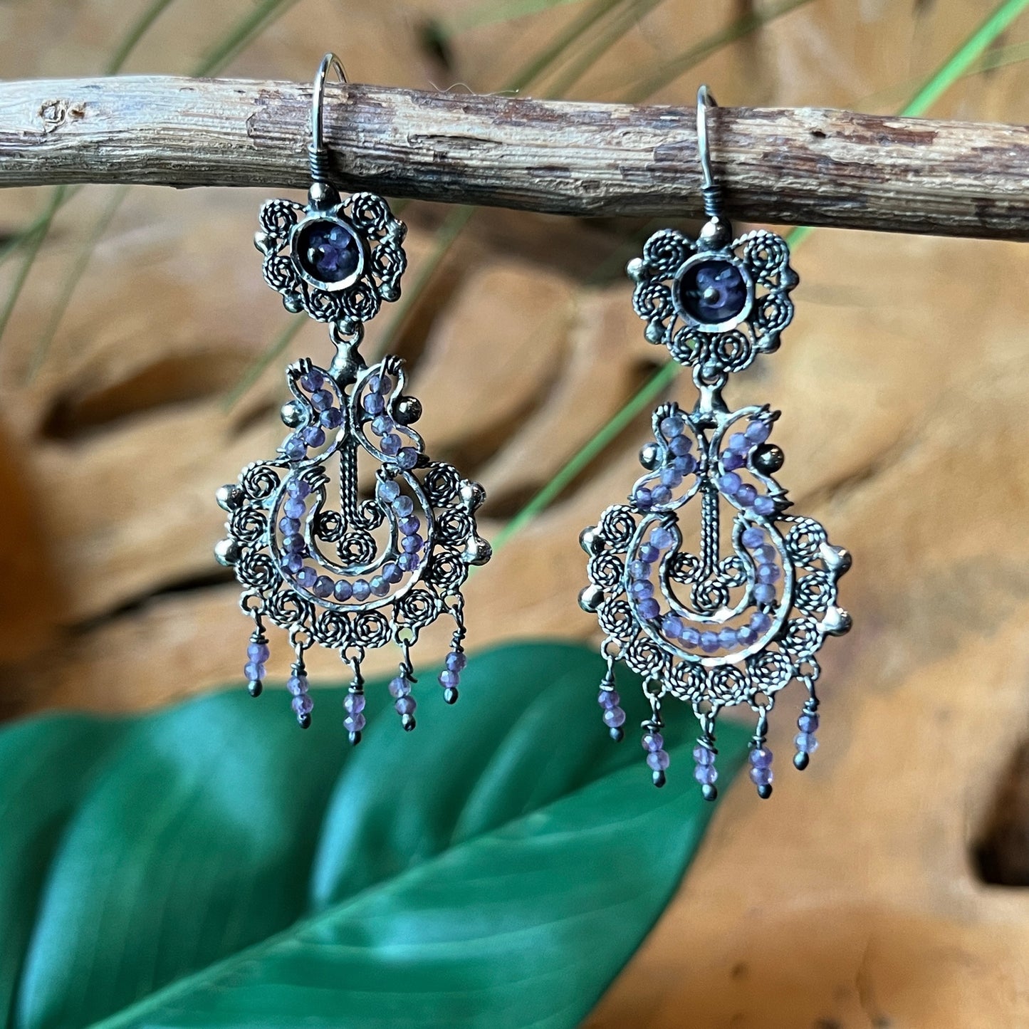 5cm 925 filigree silver earrings with amethyst beads
