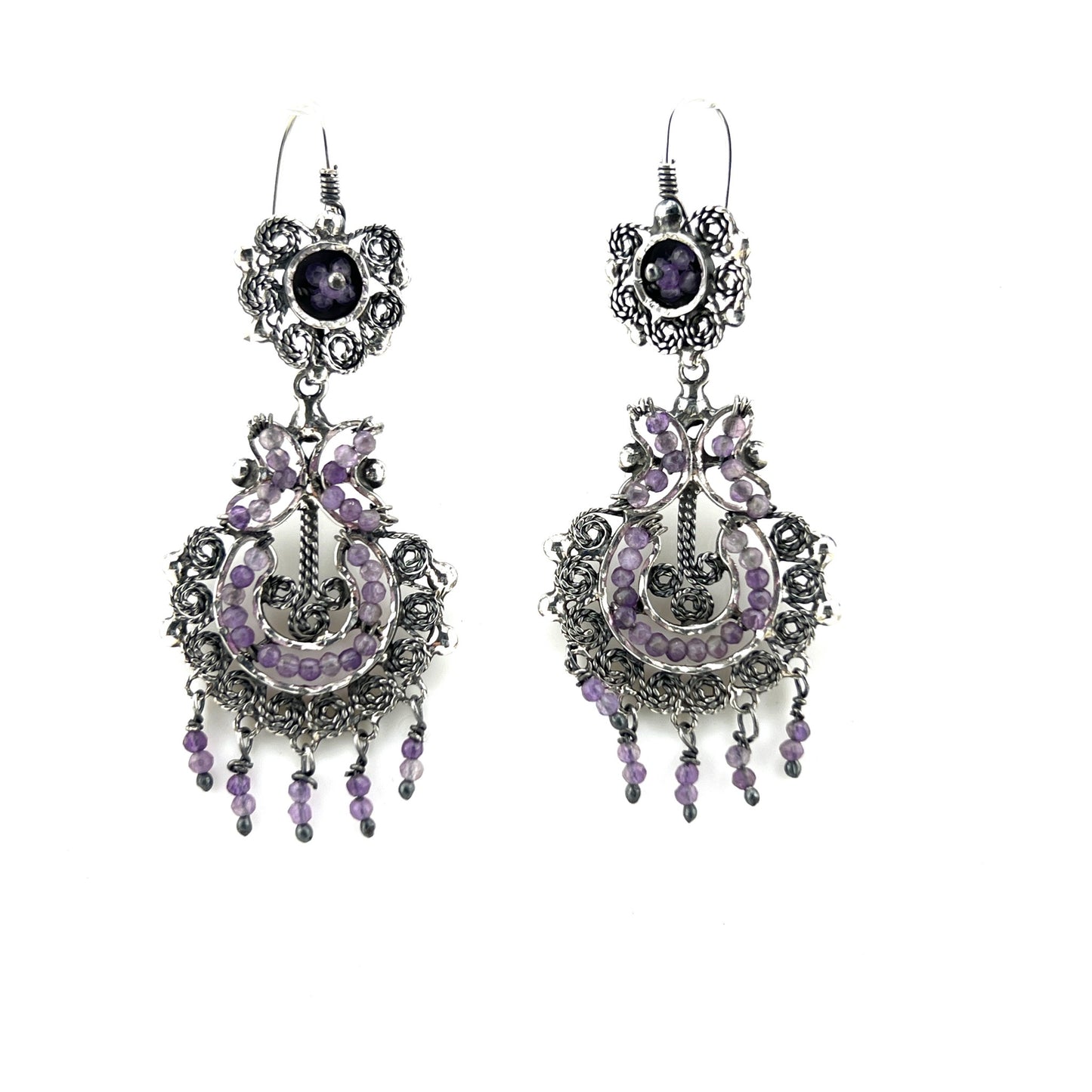 5cm 925 filigree silver earrings with amethyst beads