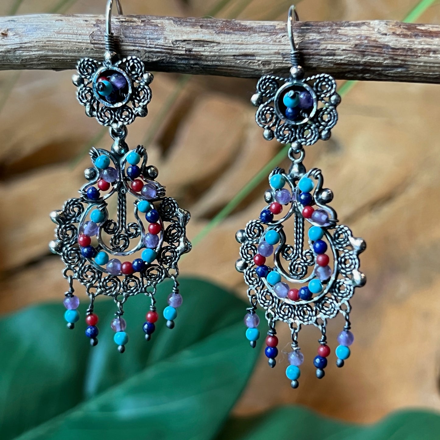 5cm 925 filigree silver earrings with amethystcoral and turquoise beads