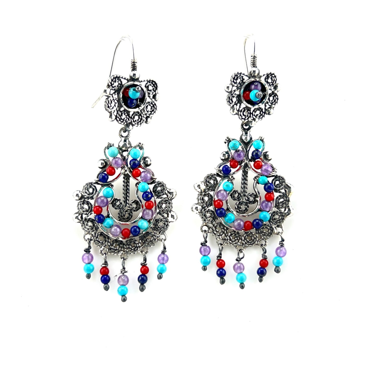 5cm 925 filigree silver earrings with amethystcoral and turquoise beads