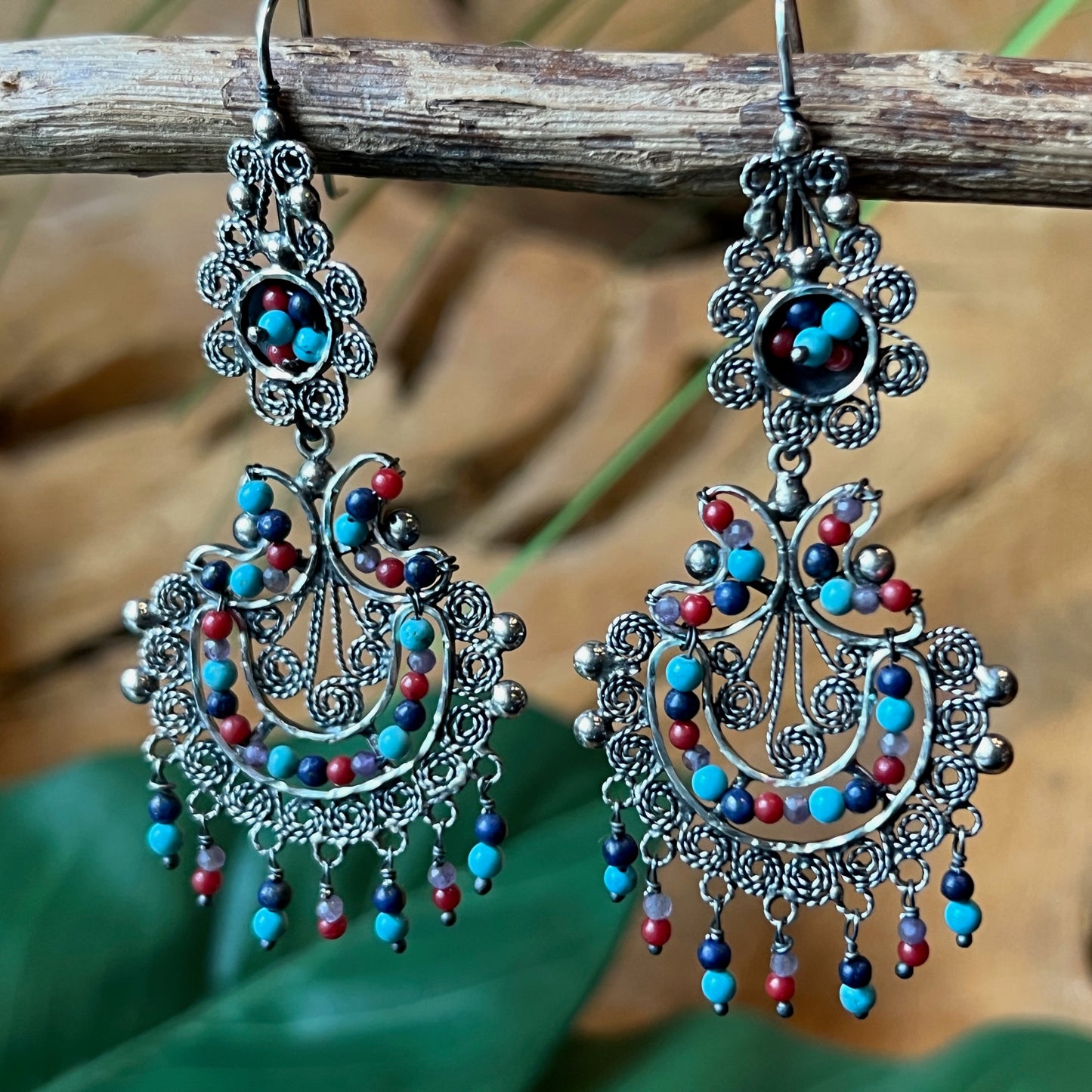 6cm 925filigree silver earrings with amethyst coral turquoise beads
