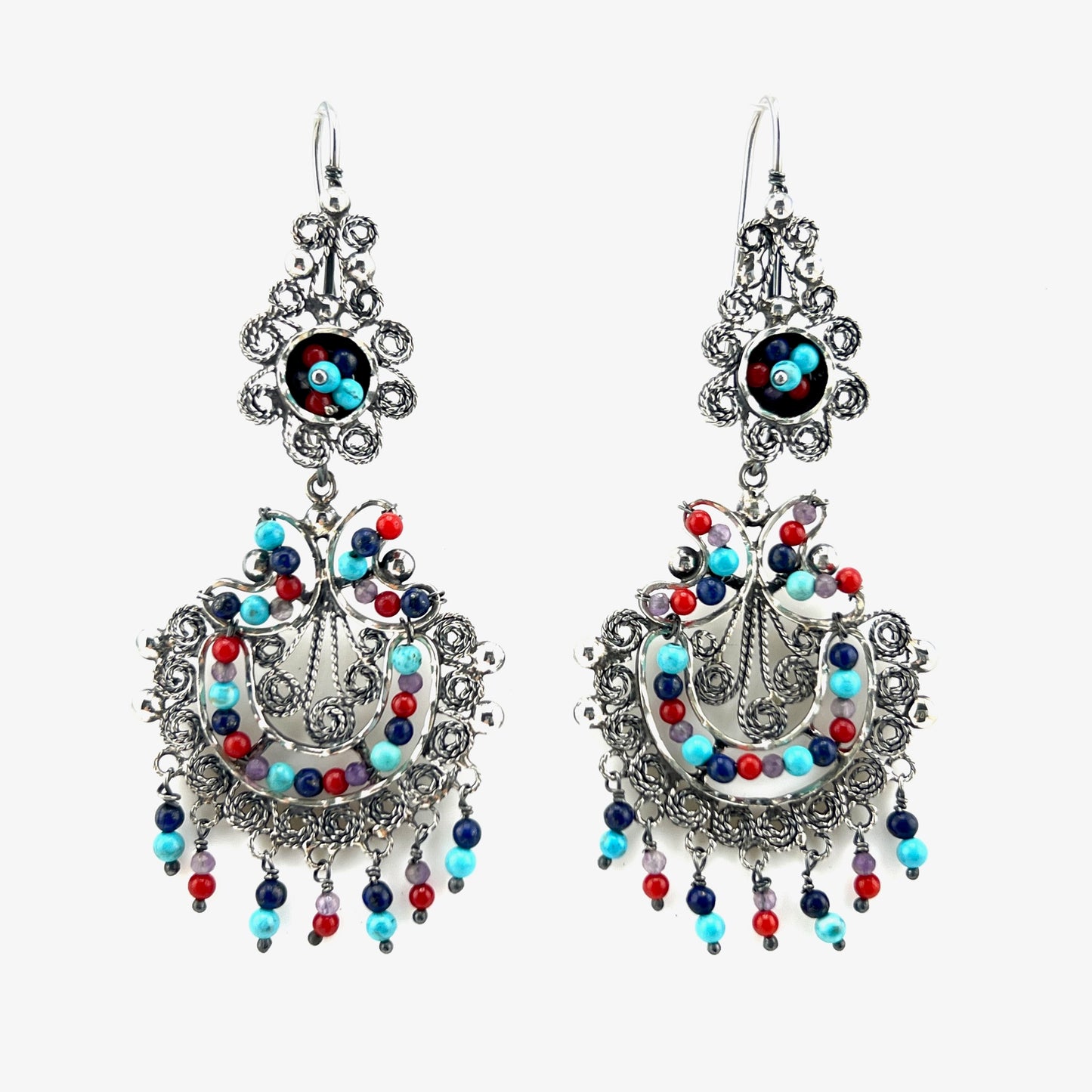 6cm 925filigree silver earrings with amethyst coral turquoise beads
