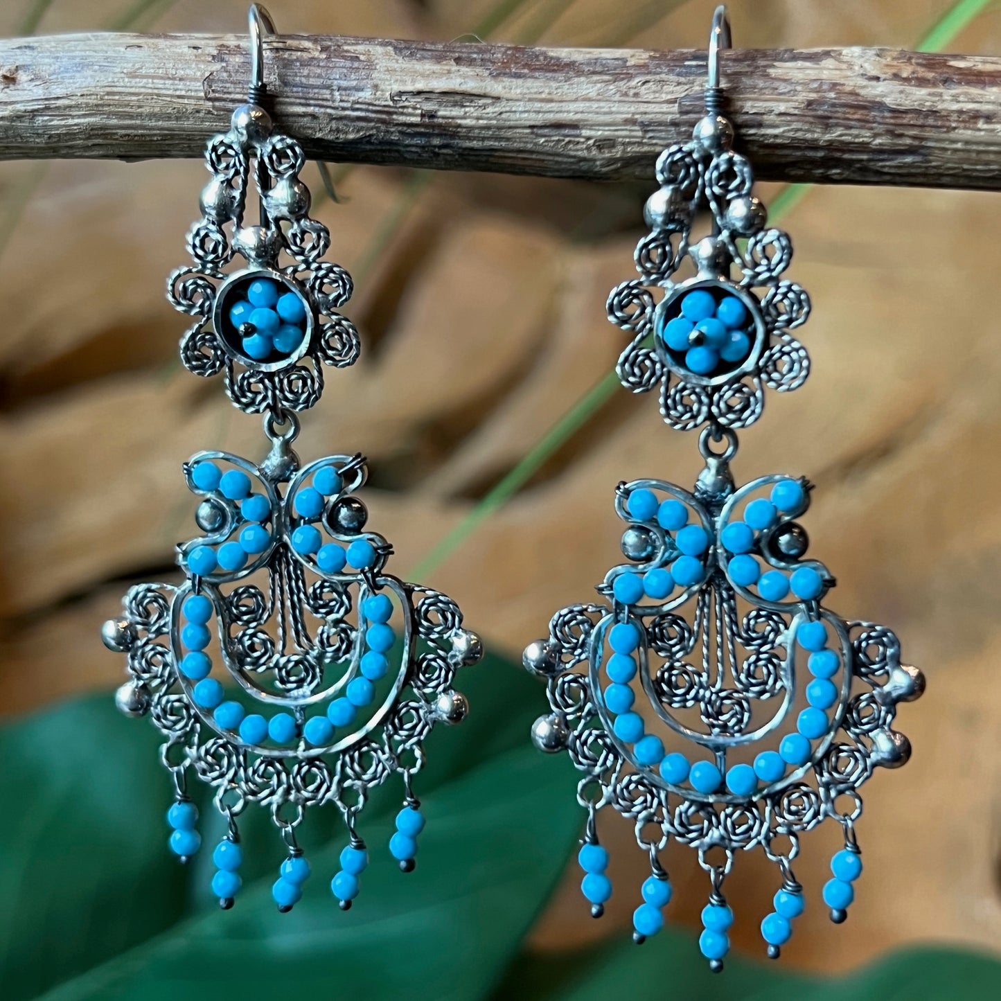 6cm 925filigree silver earrings with turquoise beads