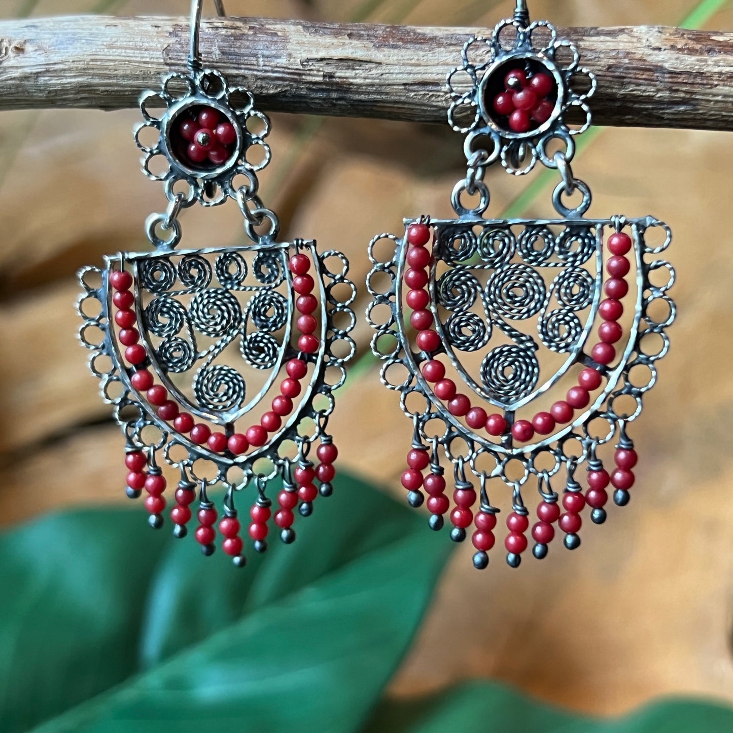 5cm 925 silver filigree earrings with coral beads