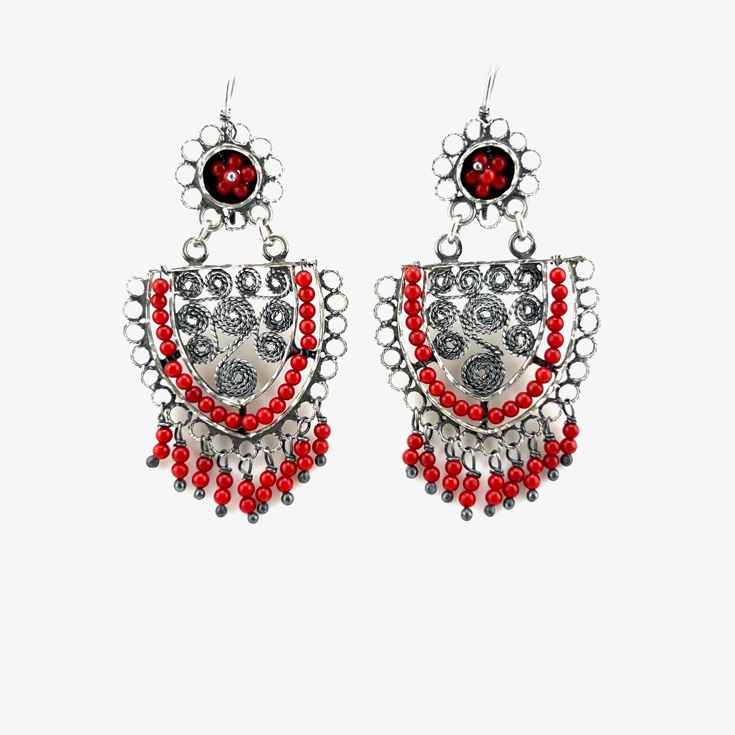 5cm 925 silver filigree earrings with coral beads