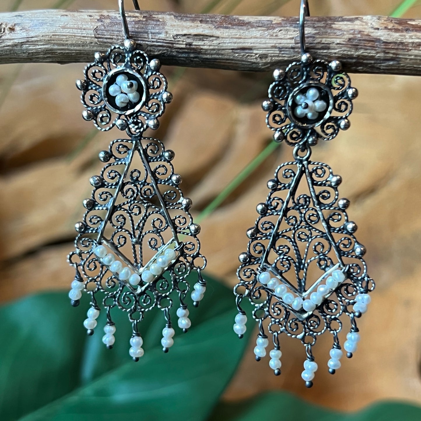 6cm 925 filigree earrings with pearl beads