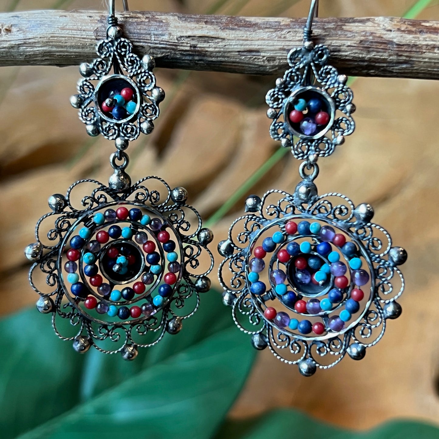 6cm 925 silver earrings with coral turquoise amethyst beads