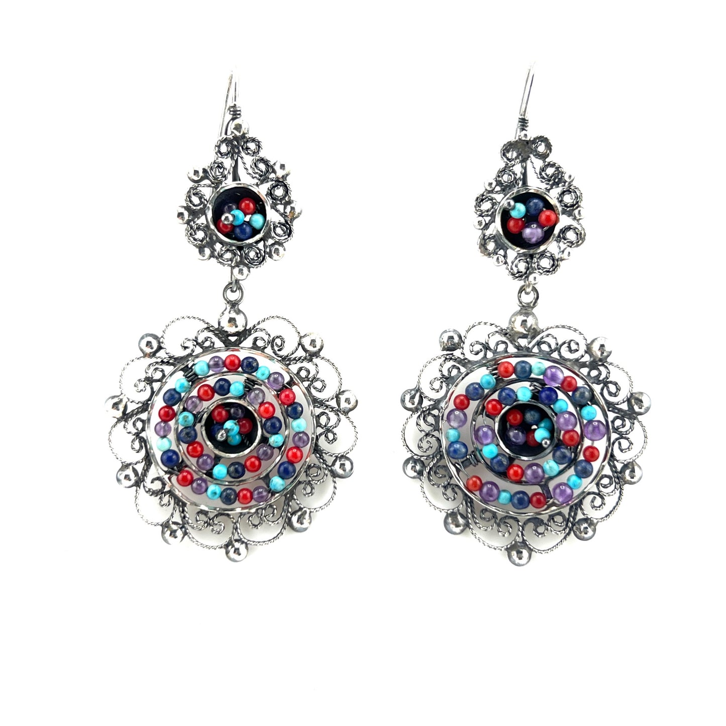 6cm 925 silver earrings with coral turquoise amethyst beads