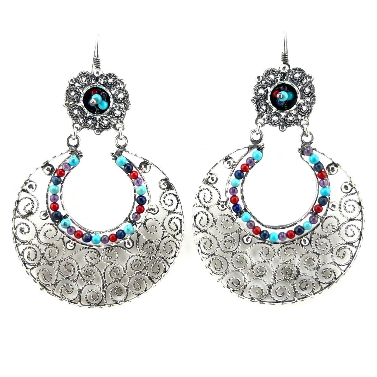 6.5cm 925 silver earrings filigree with coral turquoise amethyst beads