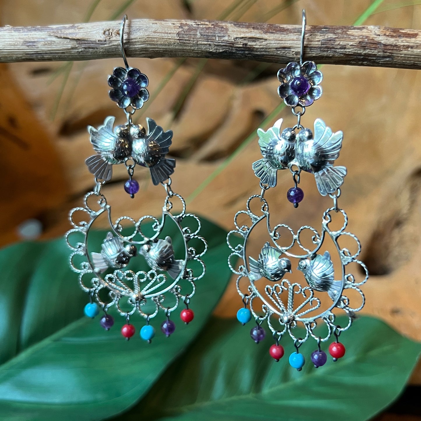 7cm 925 silver earrings filigree with dove amethyst coral turquoise