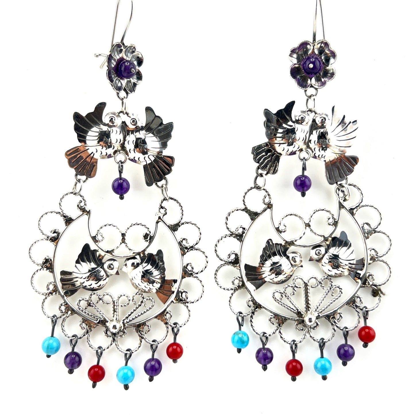 7cm 925 silver earrings filigree with dove amethyst coral turquoise