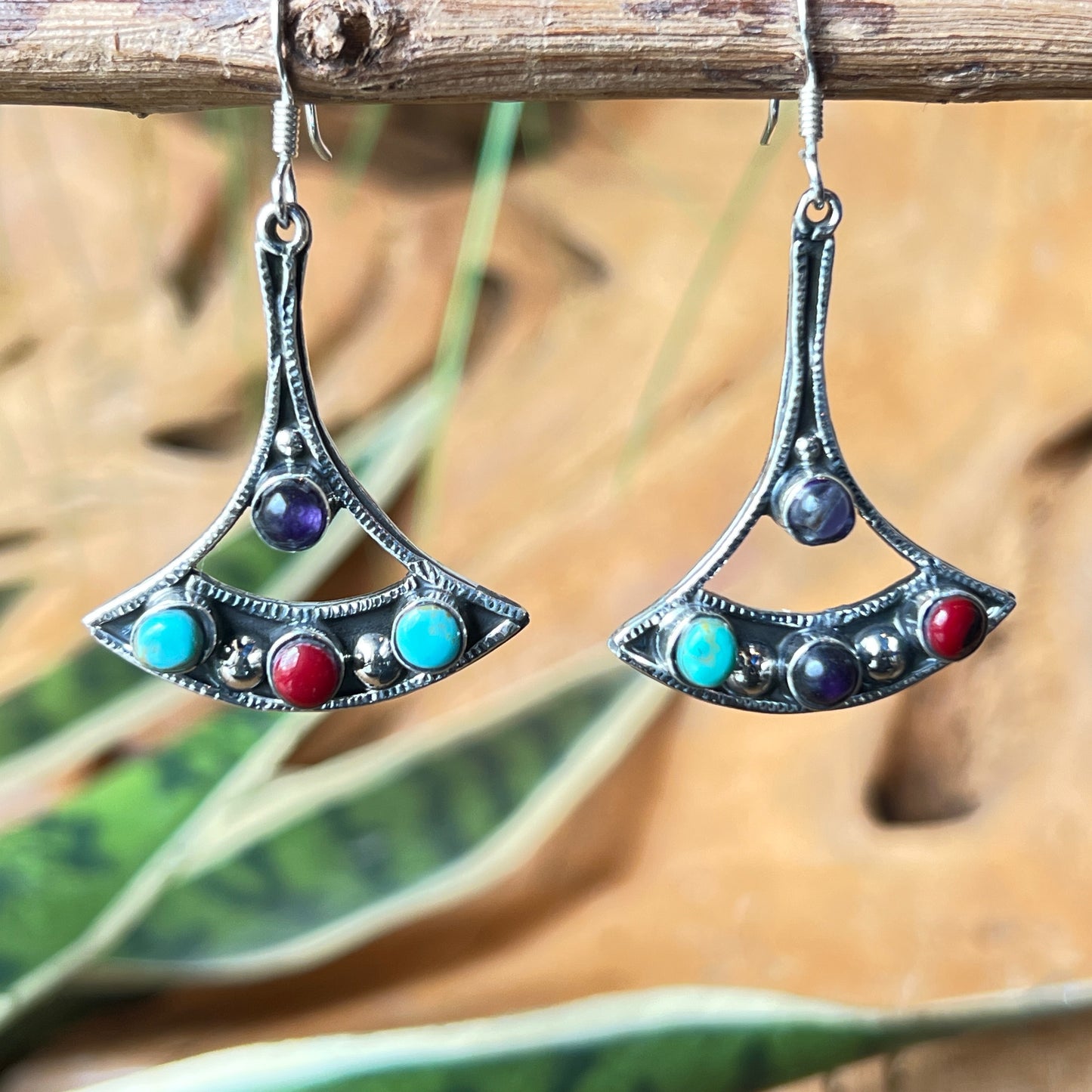 4cm Silver Earrings with Granite Turquoise Amethyst