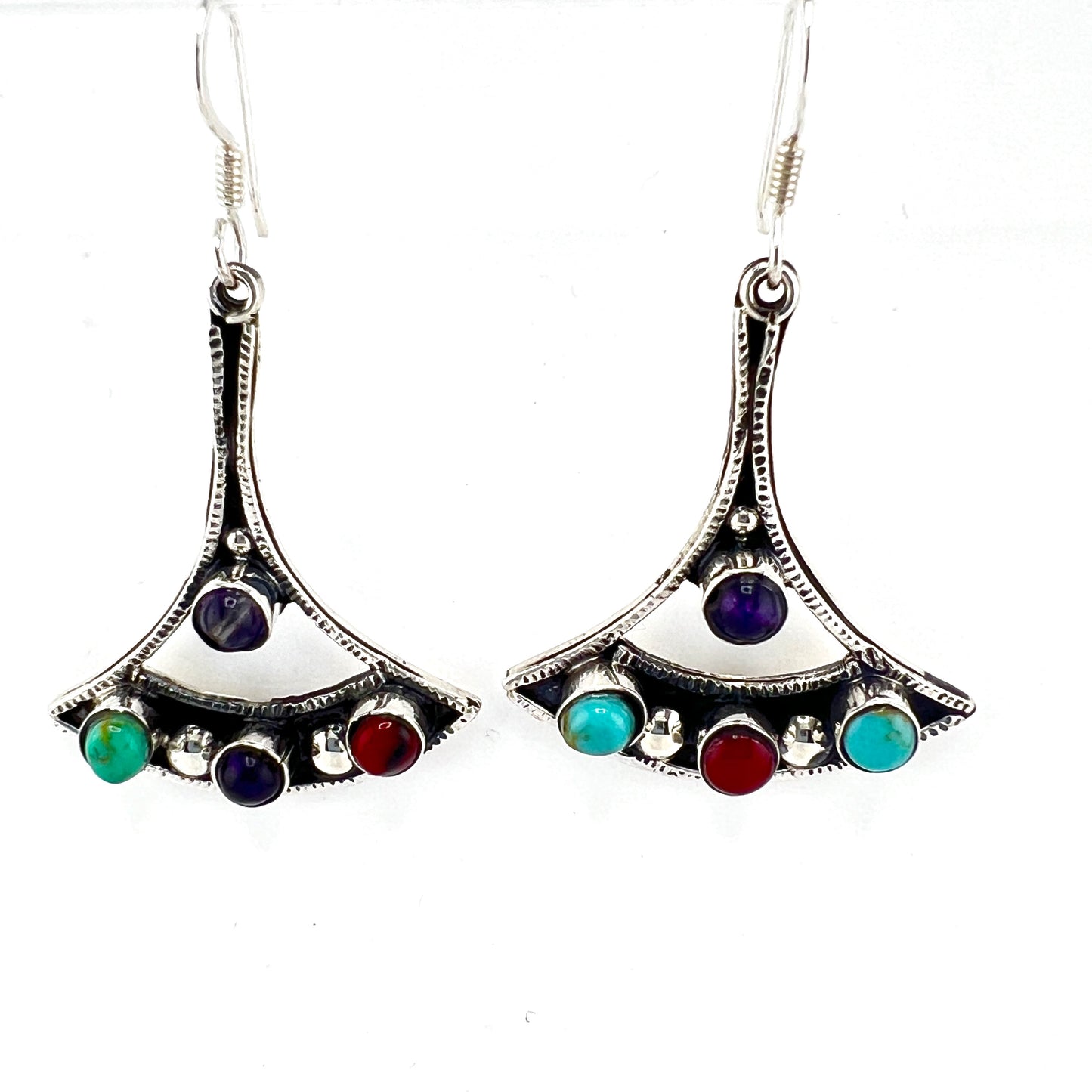 4cm Silver Earrings with Granite Turquoise Amethyst