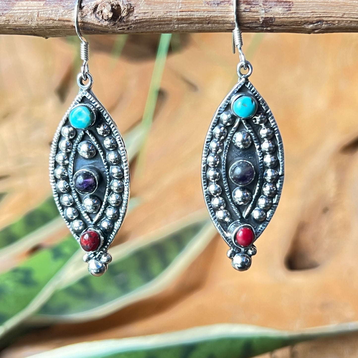 5 Silver Earrings with Granite Turquoise Amethyst