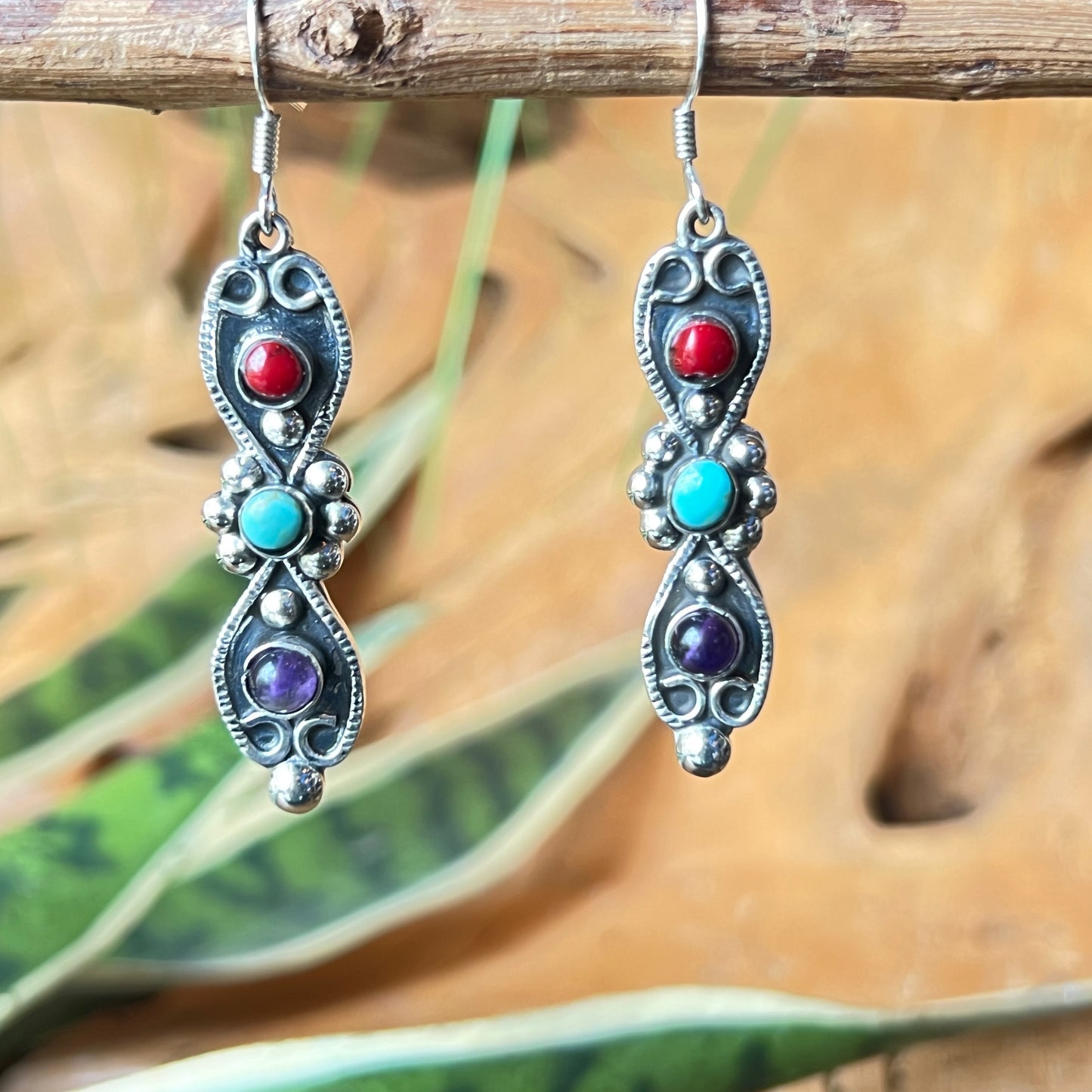 4 Silver Earrings with Granite Turquoise Amethyst