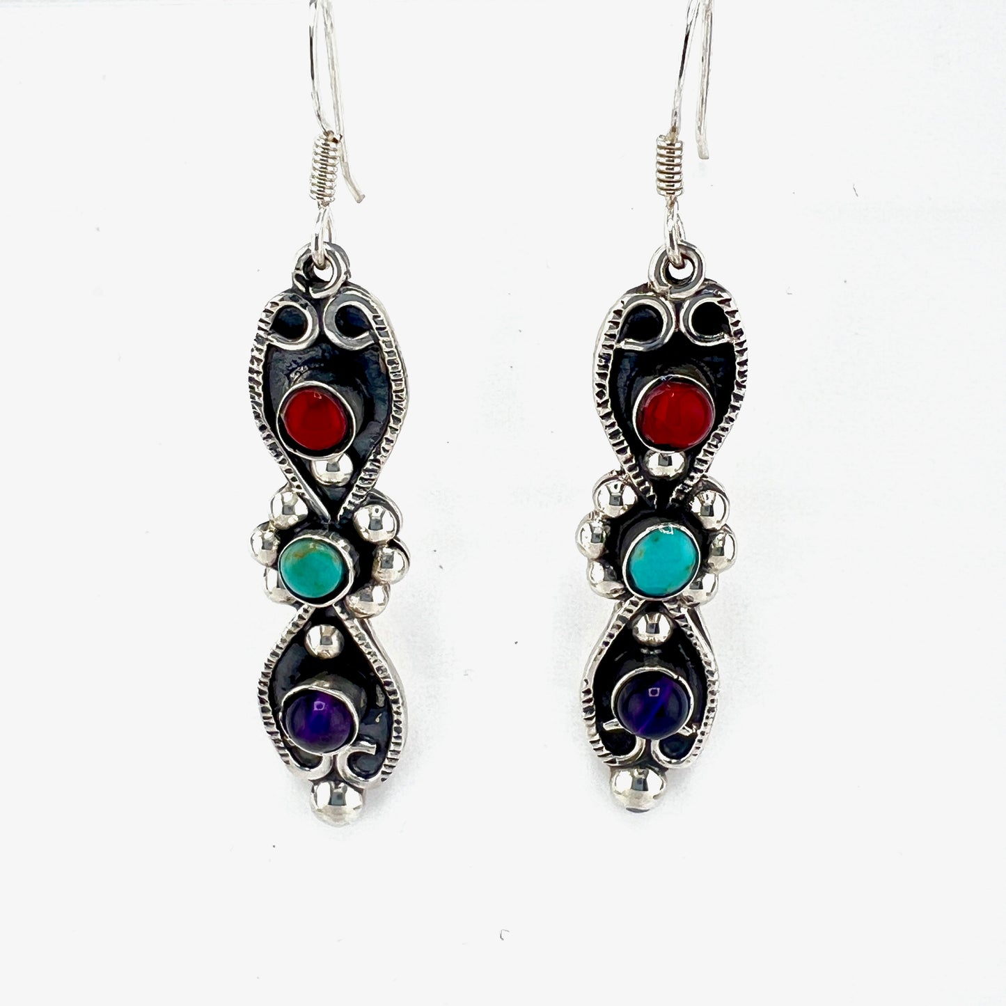 4 Silver Earrings with Granite Turquoise Amethyst