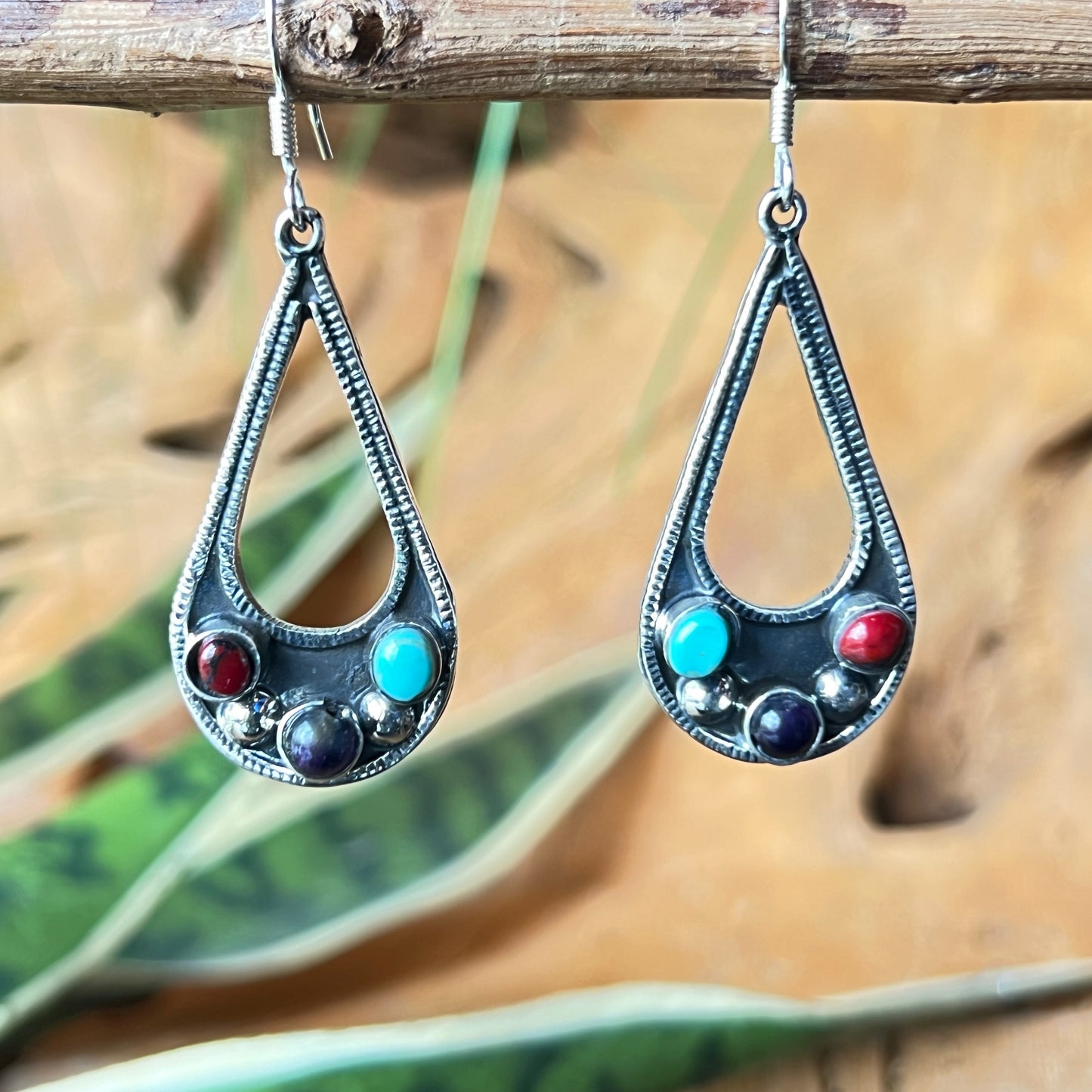 5 Silver Earrings with Granite Turquoise Amethyst
