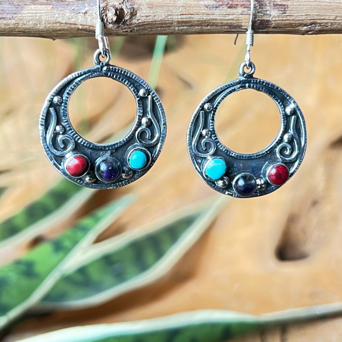 3 Silver Earrings with Granite Turquoise Amethyst