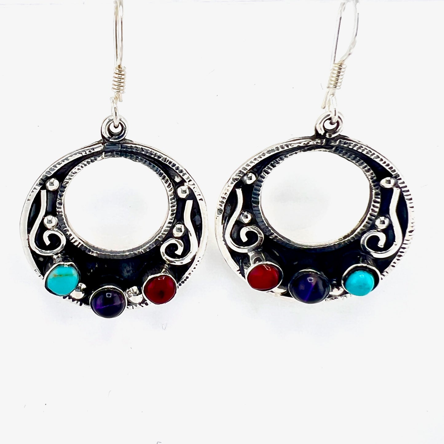 3 Silver Earrings with Granite Turquoise Amethyst