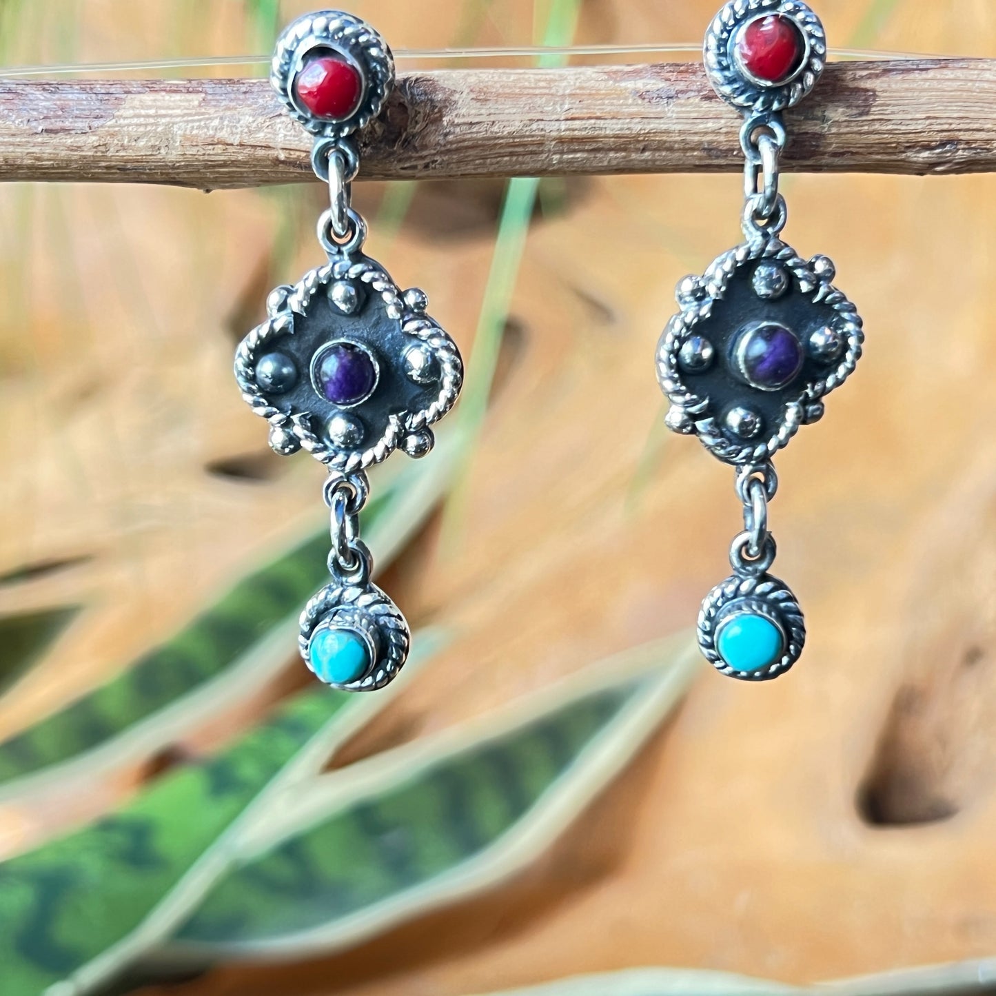 4 Silver Earrings with Turquoise Amethyst
