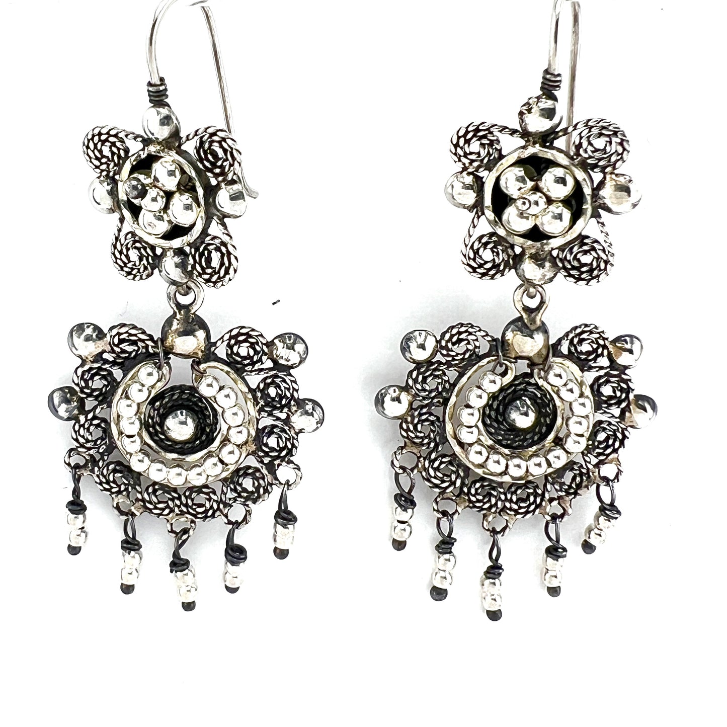 4cm Filigree Silver Earrings with Silver Beads