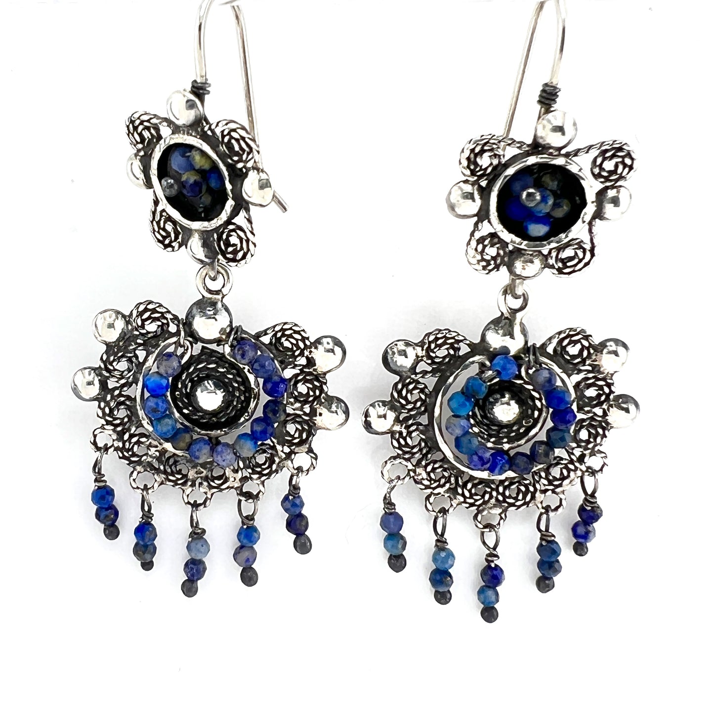 4cm Filigree Silver Earrings with Lapiz Beads