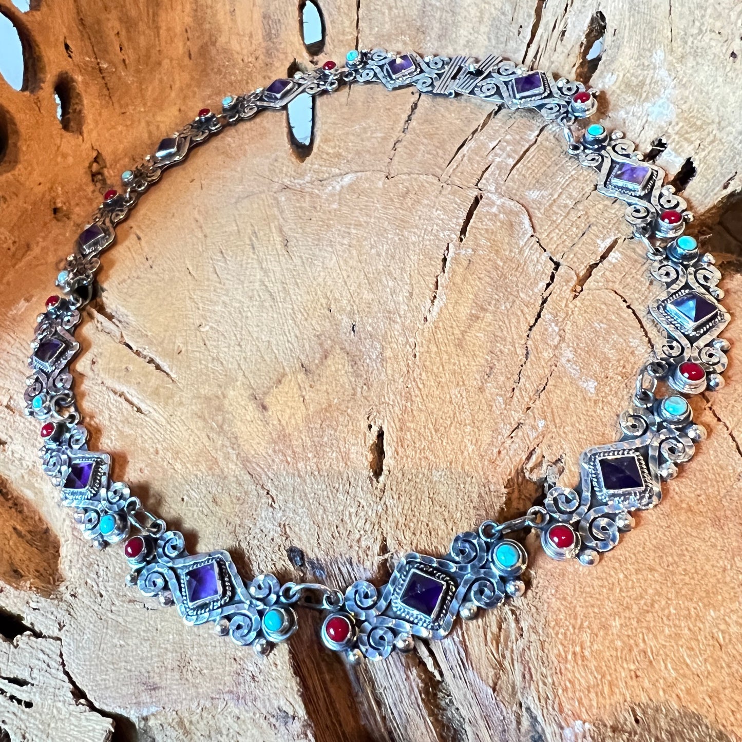 43cm 925 silver necklace with rectangular elements amethyst coral turquoise