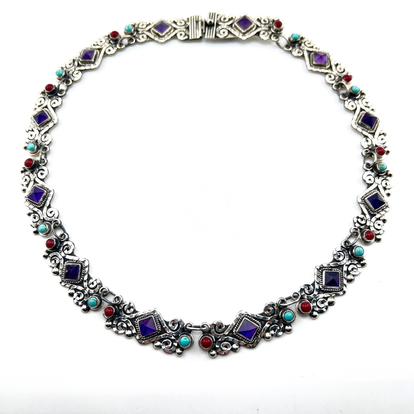43cm 925 silver necklace with rectangular elements amethyst coral turquoise