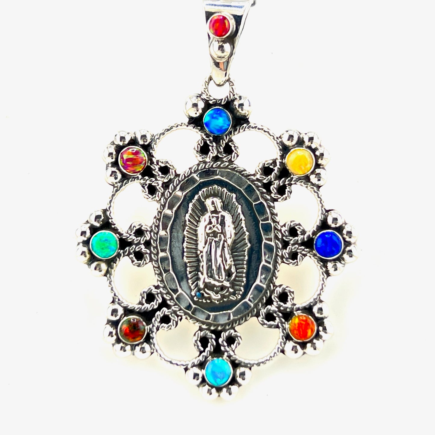 4cm 925 silver pendant with opal and silver bead adornmentaround virgin