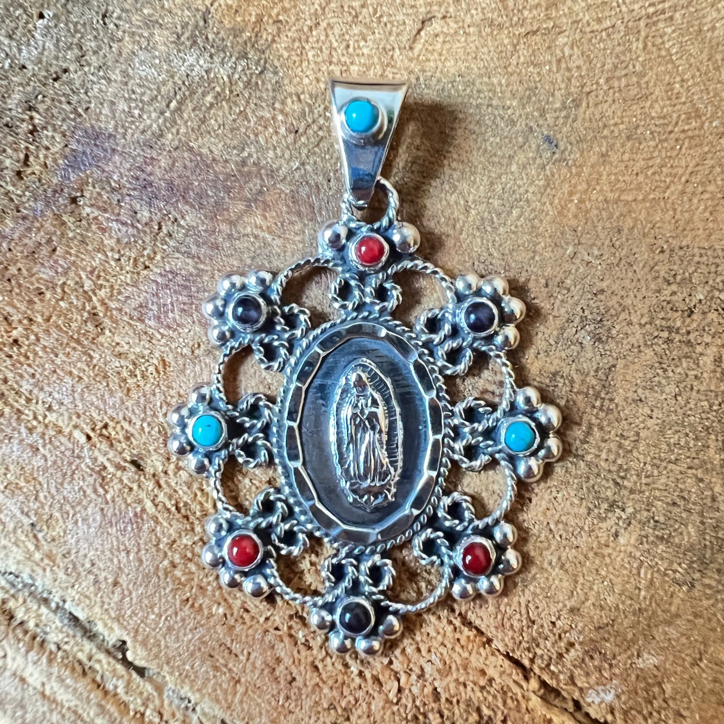 4cm virgin pendant with coral turquoise amethyst