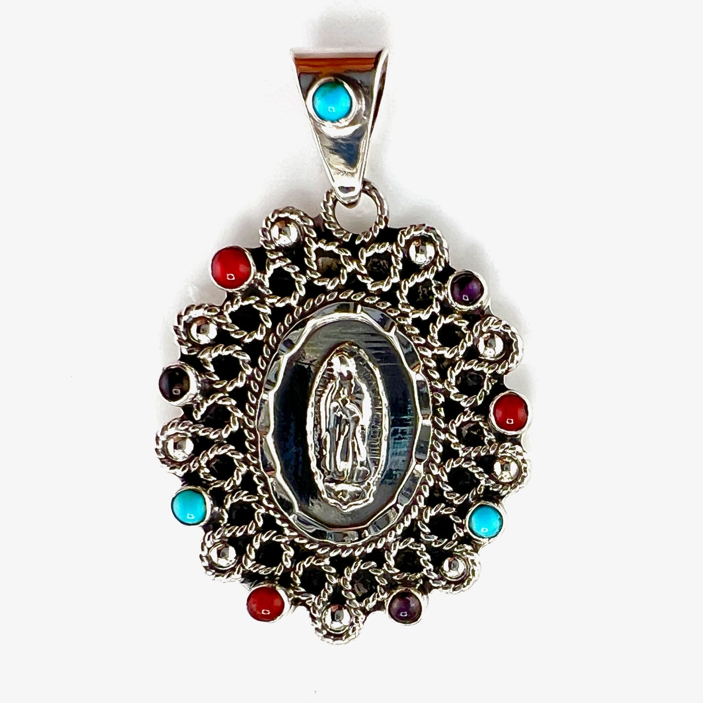 4cm virgin pendant with coral turquoise amethyst