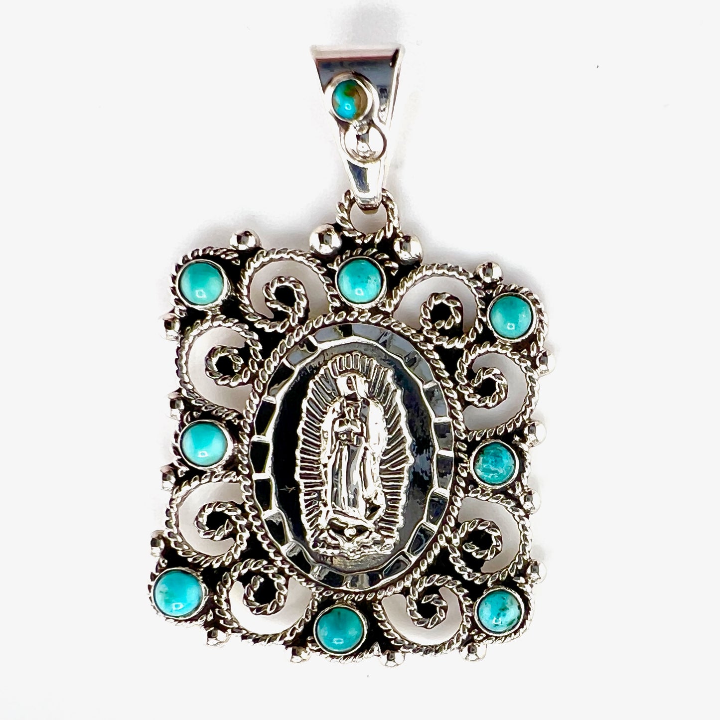 4cm square virgin with turquoise 925 silver pendant