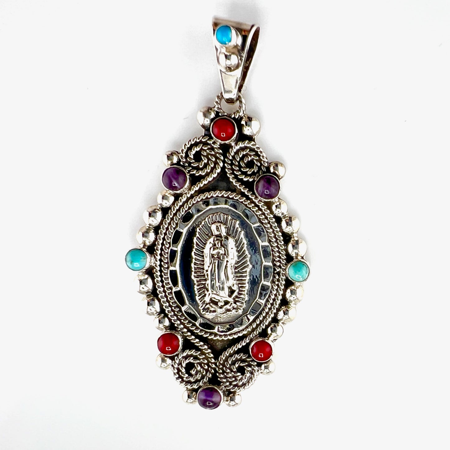 5cm virgin with coral turquoise amethyst 925 silver pendant