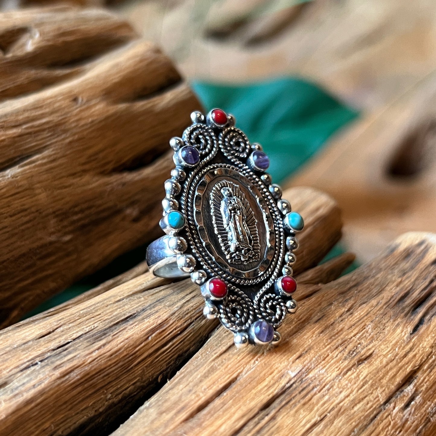 Size 7.5 silver ring with virgin adorned with coral turquoise amethyst