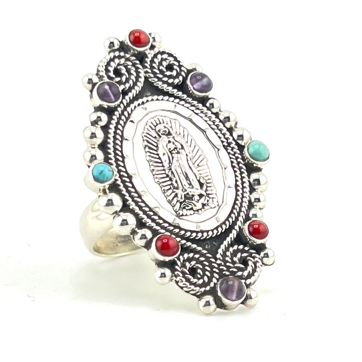 Size 7.5 silver ring with virgin adorned with coral turquoise amethyst