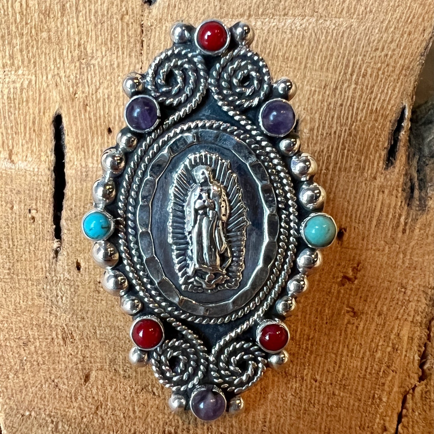 Size 7.5 silver ring with virgin adorned with coral turquoise amethyst