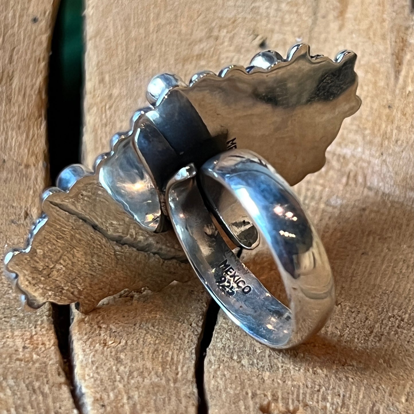 Size 7.5 silver ring with virgin adorned with coral turquoise amethyst