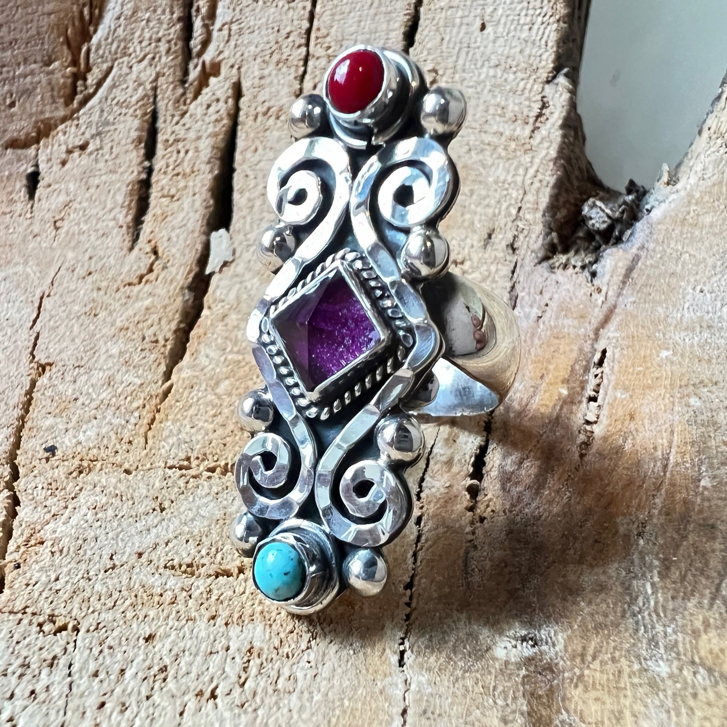 Size 7 Solid Silver ring 925 with mixed natural stones