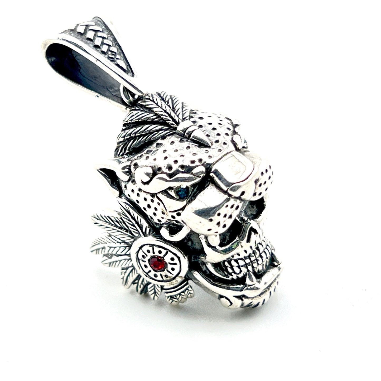 925 Silver Pendant Jaguar Warrior Skull with Garnet