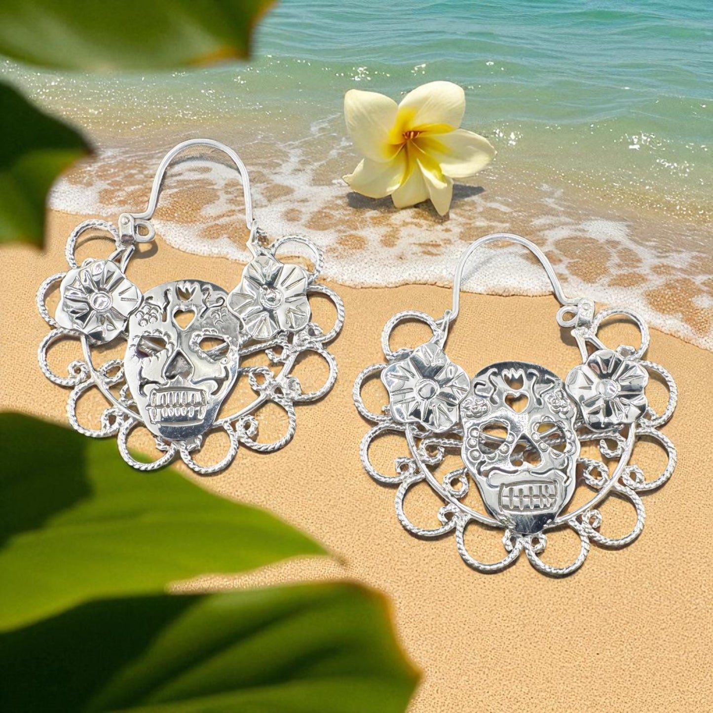 Calavera c/flores arracada drop earrings