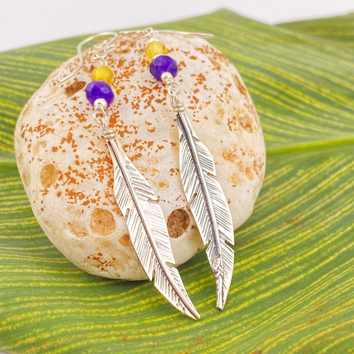 HANG Amber Earrings 950 Silver w Leaf Amber Amethyst